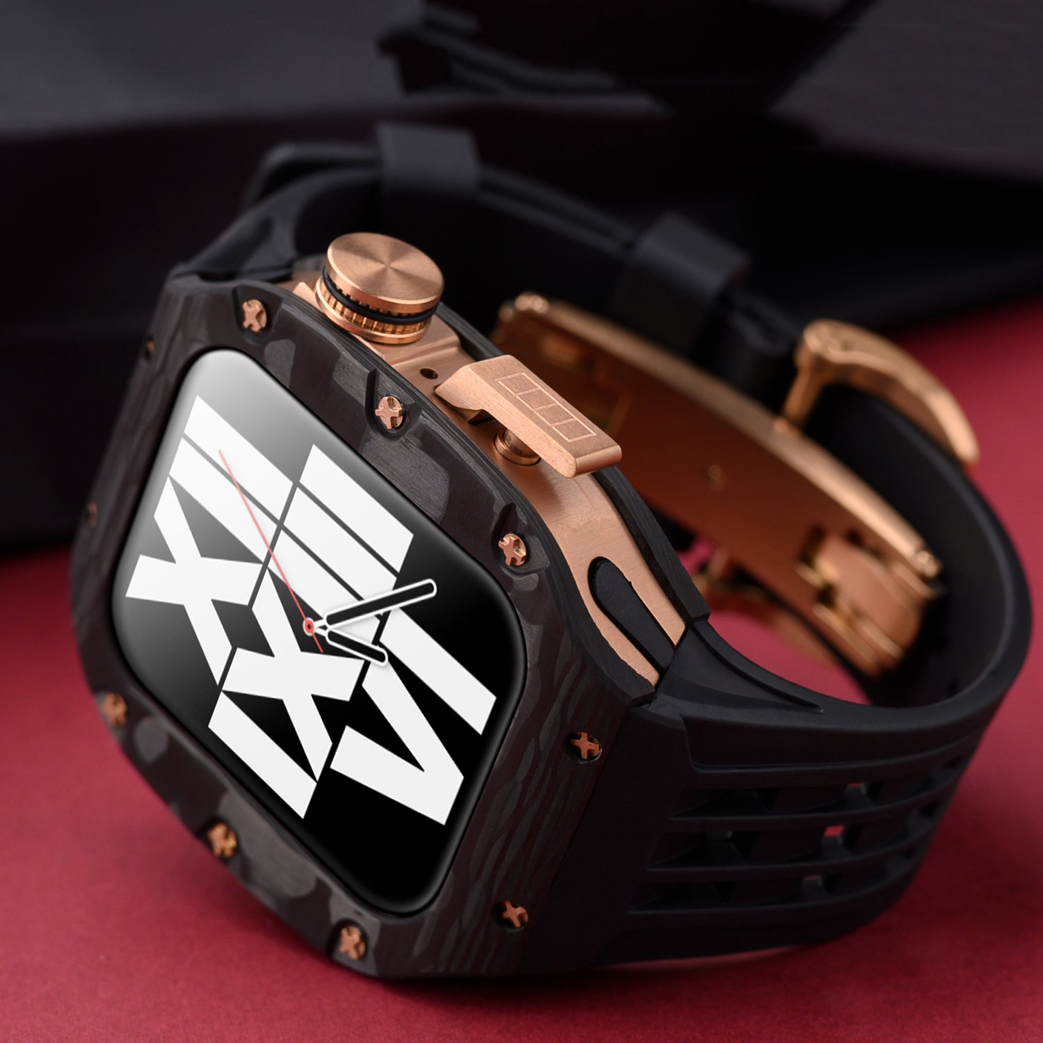 44 - 45mm Carbon Fibre Case For Apple Watch With Premium FKM Rubber Strap