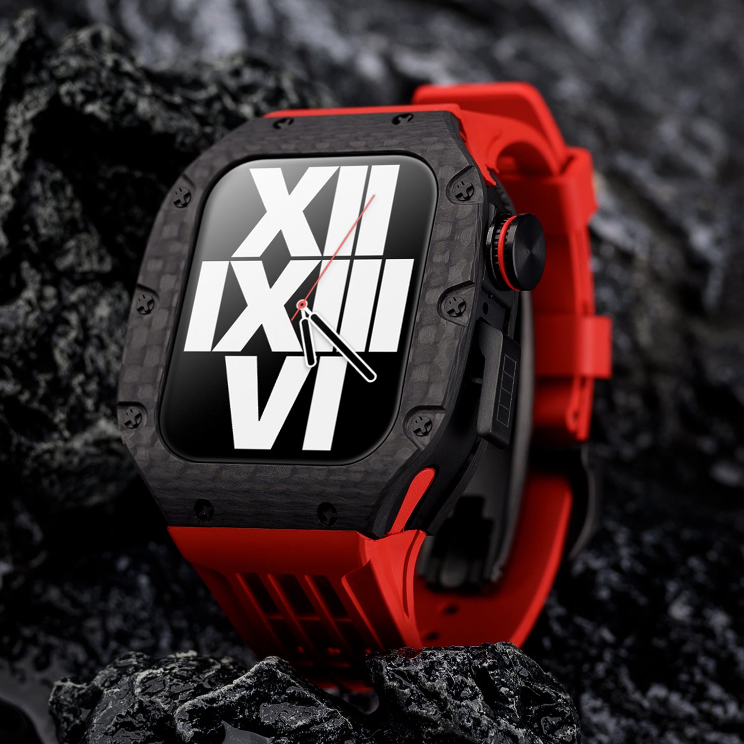 44 - 45mm Carbon Fibre Case For Apple Watch With Premium FKM Rubber Strap