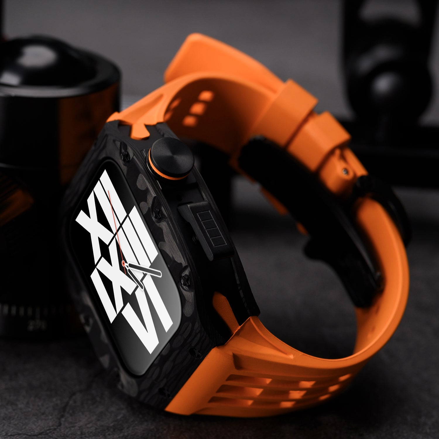 44 - 45mm Carbon Fibre Case For Apple Watch With Premium FKM Rubber Strap
