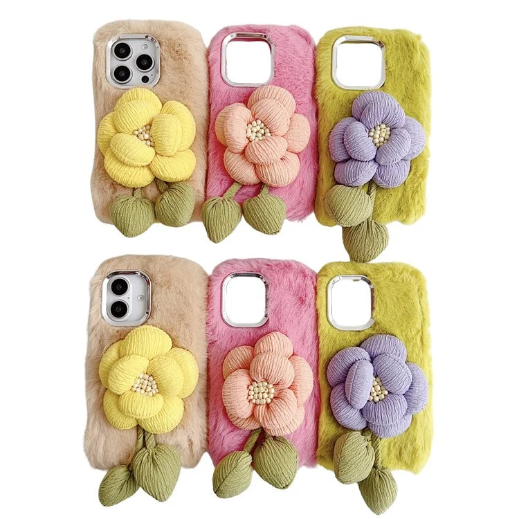 3D Flower Decor Fluffy TPU Back Cover For iPhone