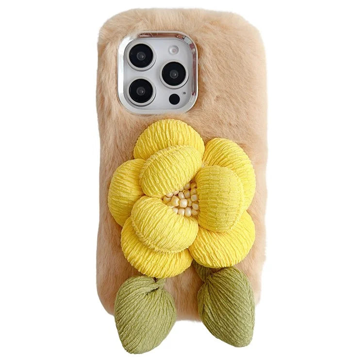 3D Flower Decor Fluffy TPU Back Cover For iPhone