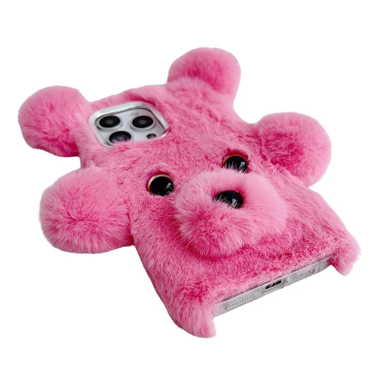 Bear Faux Fur Fluffy Inner TPU Phone Cover For iPhone