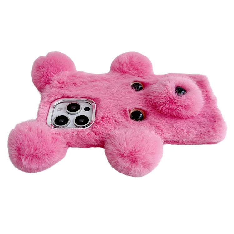 Bear Faux Fur Fluffy Inner TPU Phone Cover For iPhone