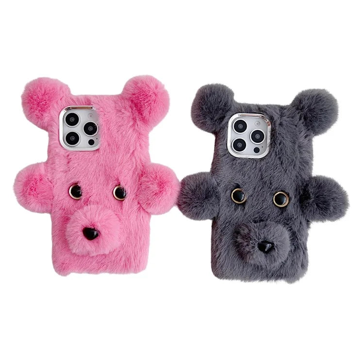 Bear Faux Fur Fluffy Inner TPU Phone Cover For iPhone