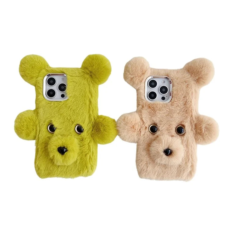 Bear Faux Fur Fluffy Inner TPU Phone Cover For iPhone