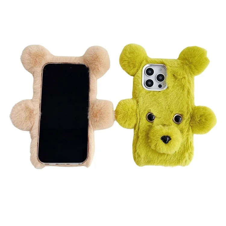 Bear Faux Fur Fluffy Inner TPU Phone Cover For iPhone