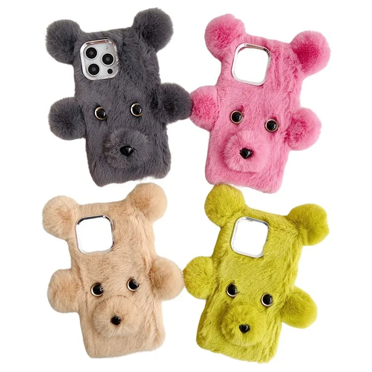 Bear Faux Fur Fluffy Inner TPU Phone Cover For iPhone