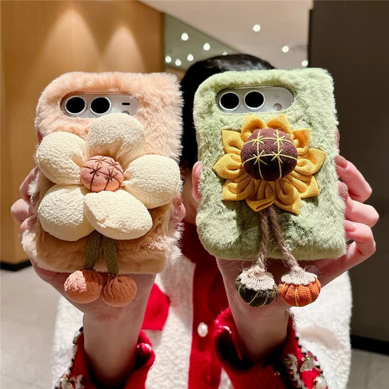 3D Flower Decor Fluffy Cover For iPhone Duo