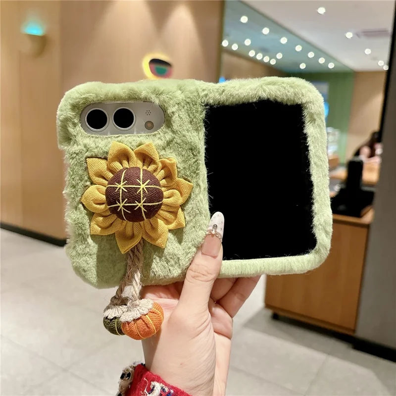 3D Flower Decor Fluffy Cover For iPhone Duo
