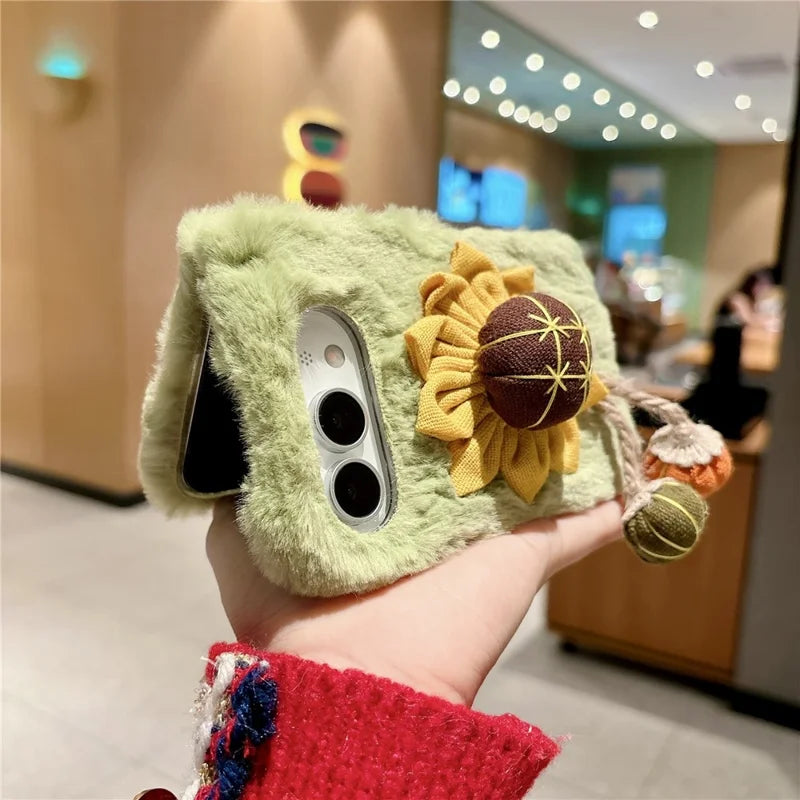 3D Flower Decor Fluffy Cover For iPhone Duo