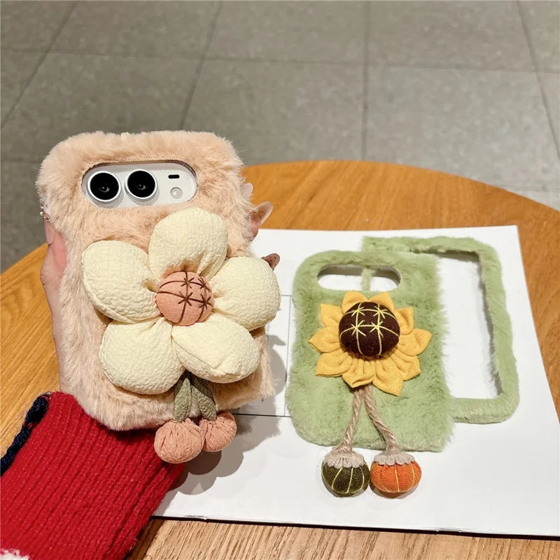 3D Flower Decor Fluffy Cover For iPhone Duo