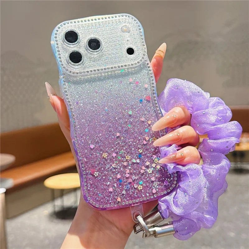 Rhinestone Gradient Case with Mesh Wrist Strap for iPhone