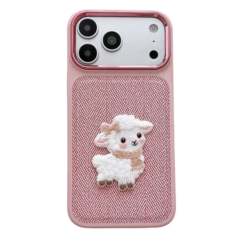 Cute Sheep Embroidered Herringbone Case For iPhone