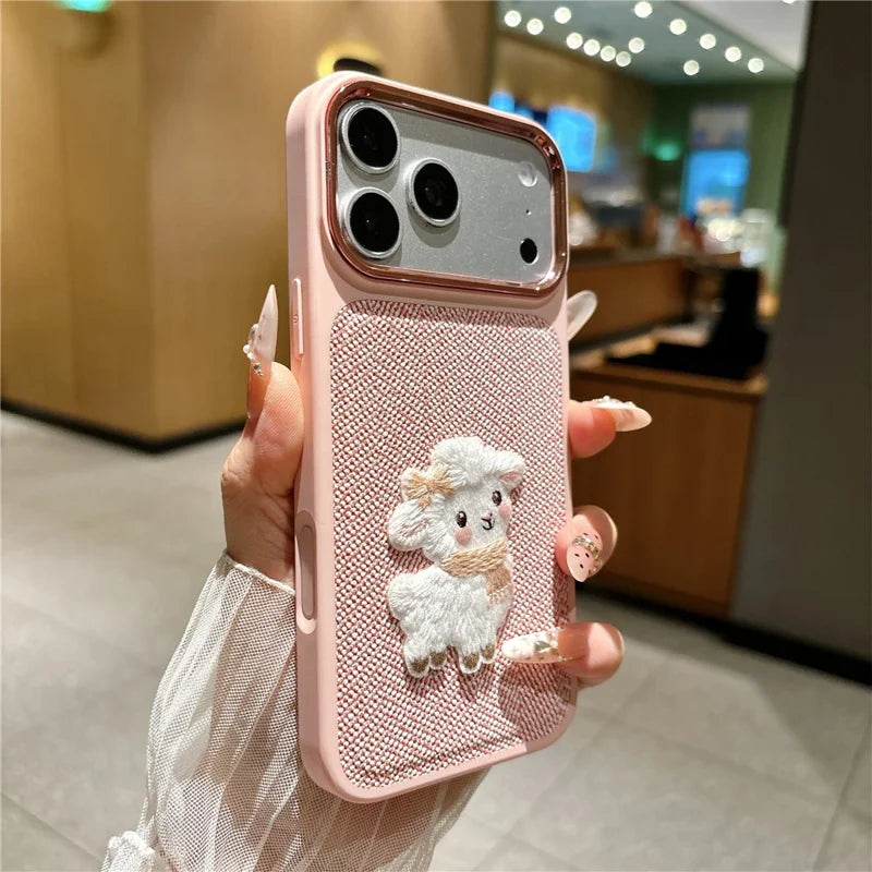 Cute Sheep Embroidered Herringbone Case For iPhone
