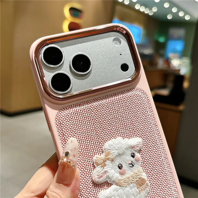 Cute Sheep Embroidered Herringbone Case For iPhone