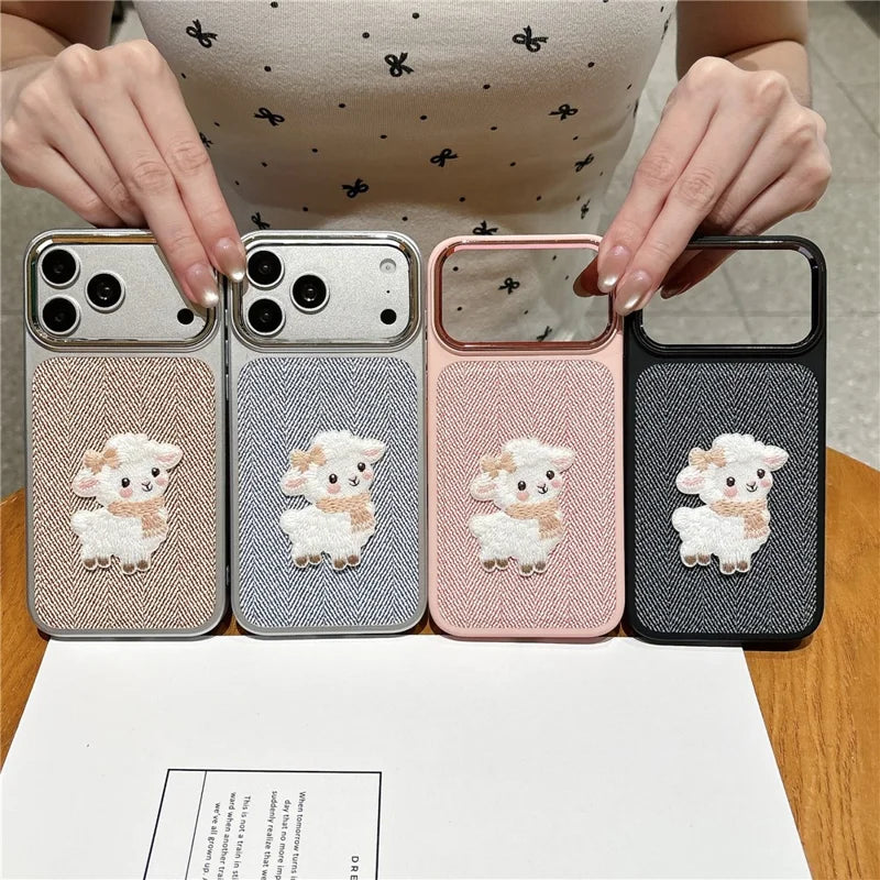 Cute Sheep Embroidered Herringbone Case For iPhone