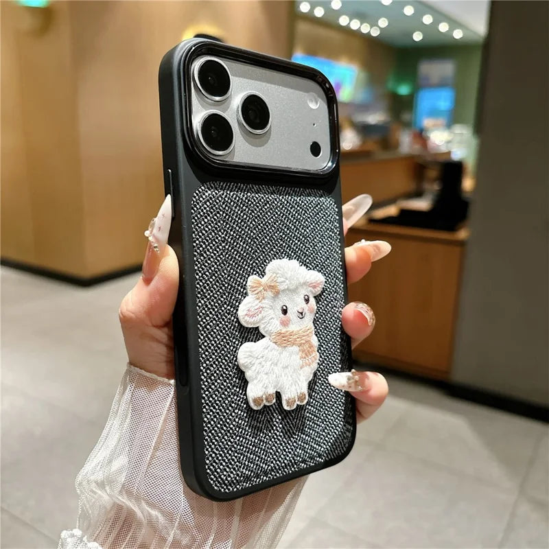 Cute Sheep Embroidered Herringbone Case For iPhone
