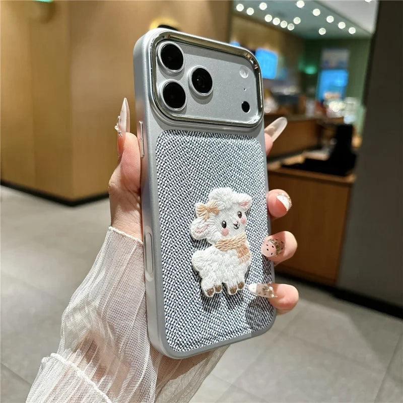 Cute Sheep Embroidered Herringbone Case For iPhone