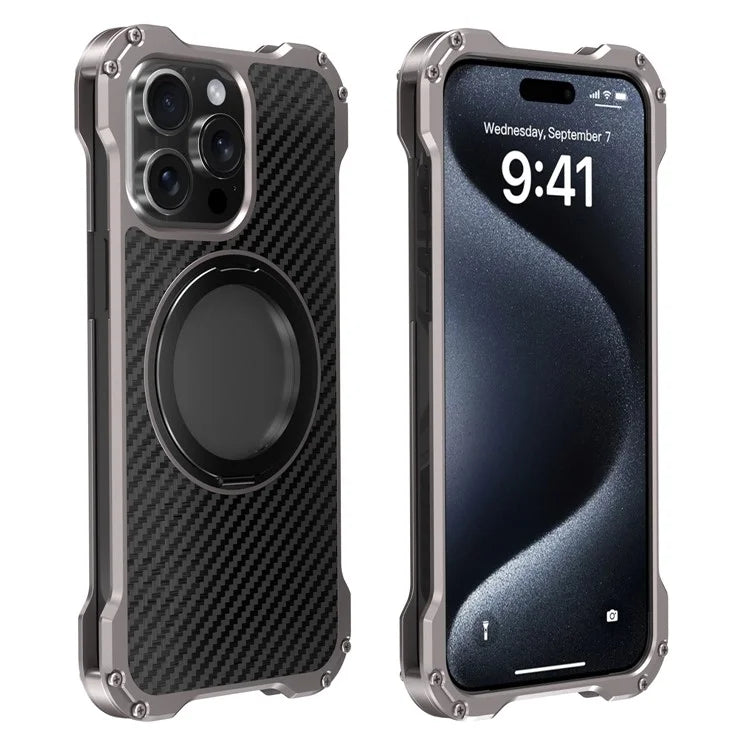 Aluminum Alloy Metal And Carbon Fiber Back Phone Case With Kickstand  Black iPhone 16 Pro Max