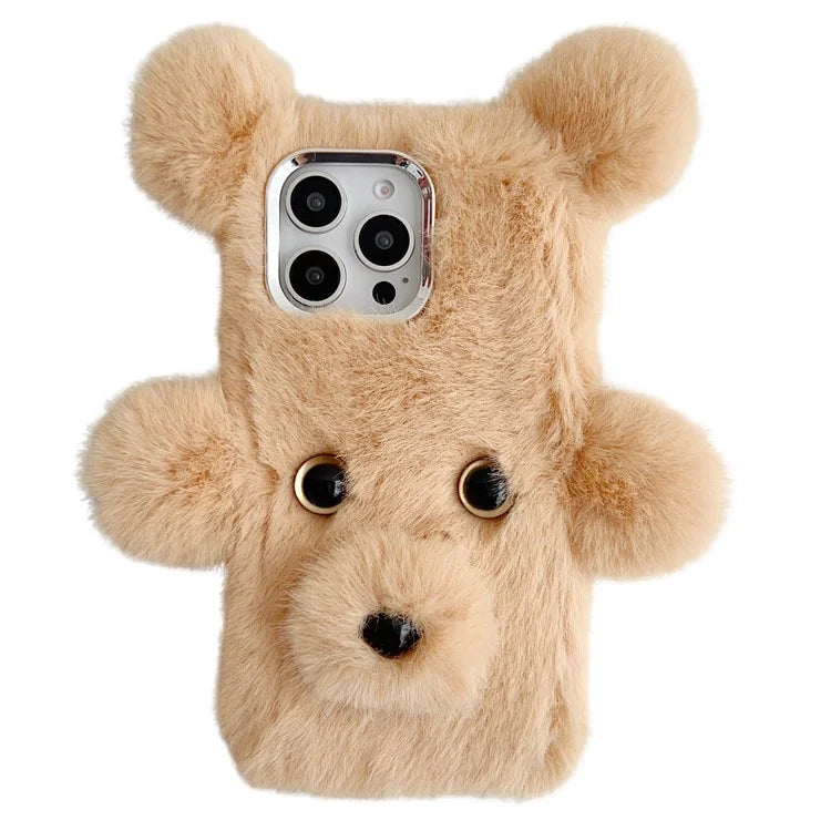 Bear Faux Fur Fluffy Inner TPU Phone Cover For iPhone