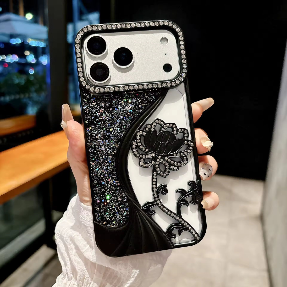 Floral Glitter Phone Case with Rhinestone for iPhone