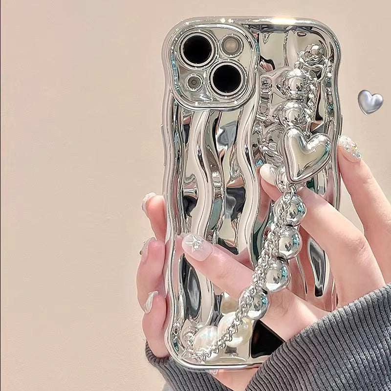 Silver Wave Frame Pearl Bracelet Glossy Case For iPhone