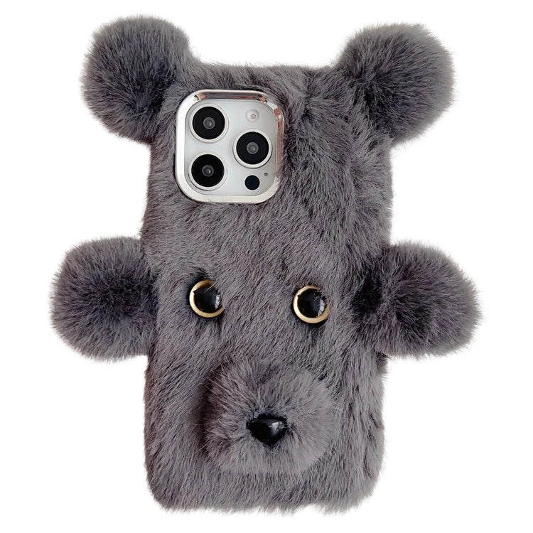 Bear Faux Fur Fluffy Inner TPU Phone Cover For iPhone