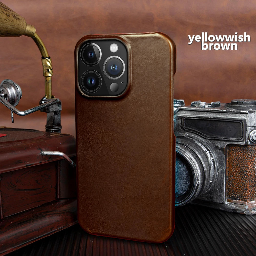 Luxury Real Leather Phone Case With MagSafe (Oil Wax Pattern)