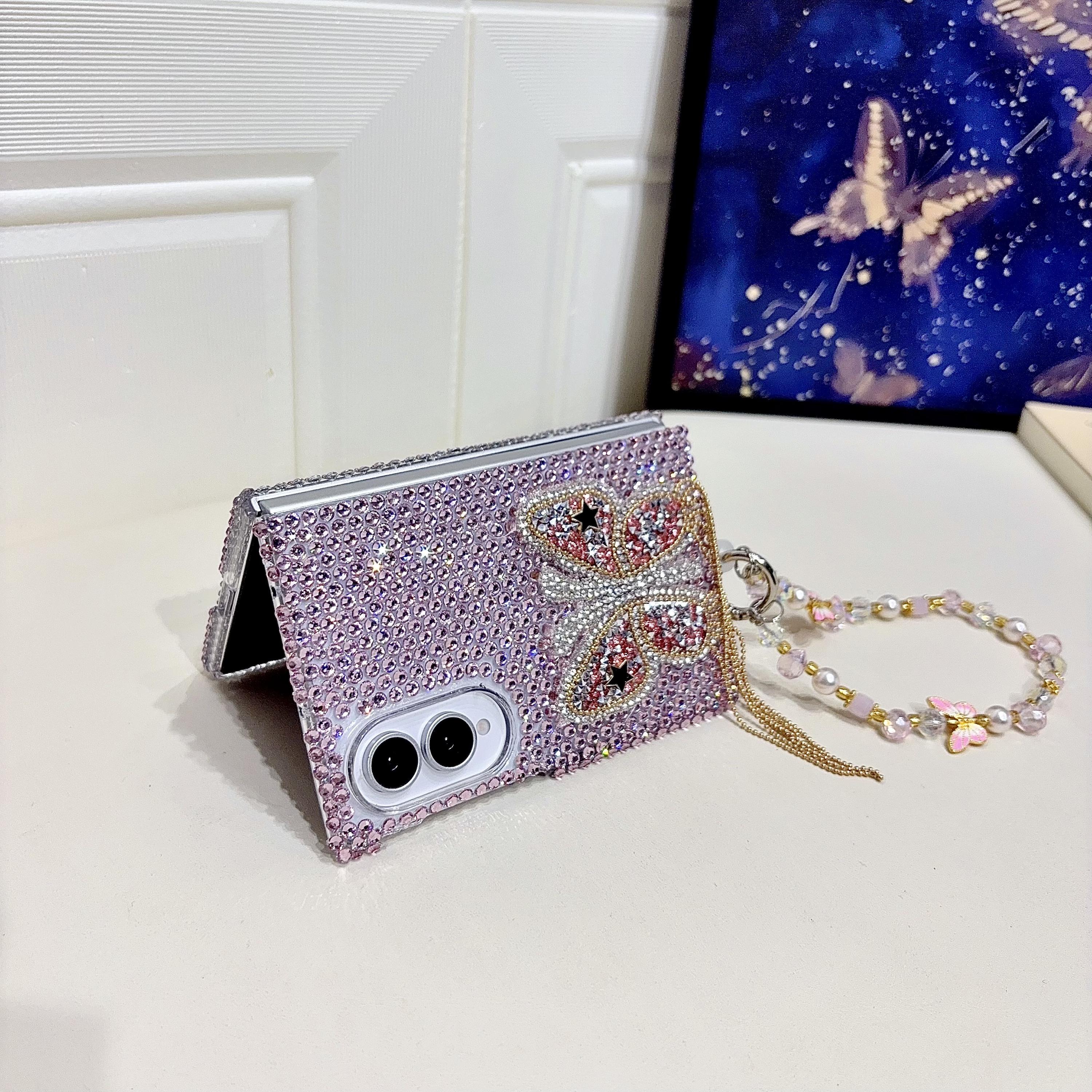 Crystal Butterfly Beaded Wrist Strap Case For Samsung Fold