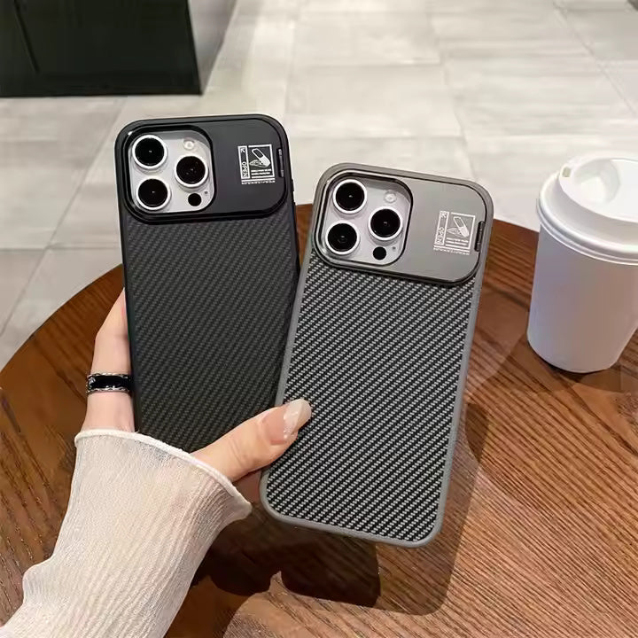 Shockproof Carbon Fiber Texture With Lens Holder Case For iPhone