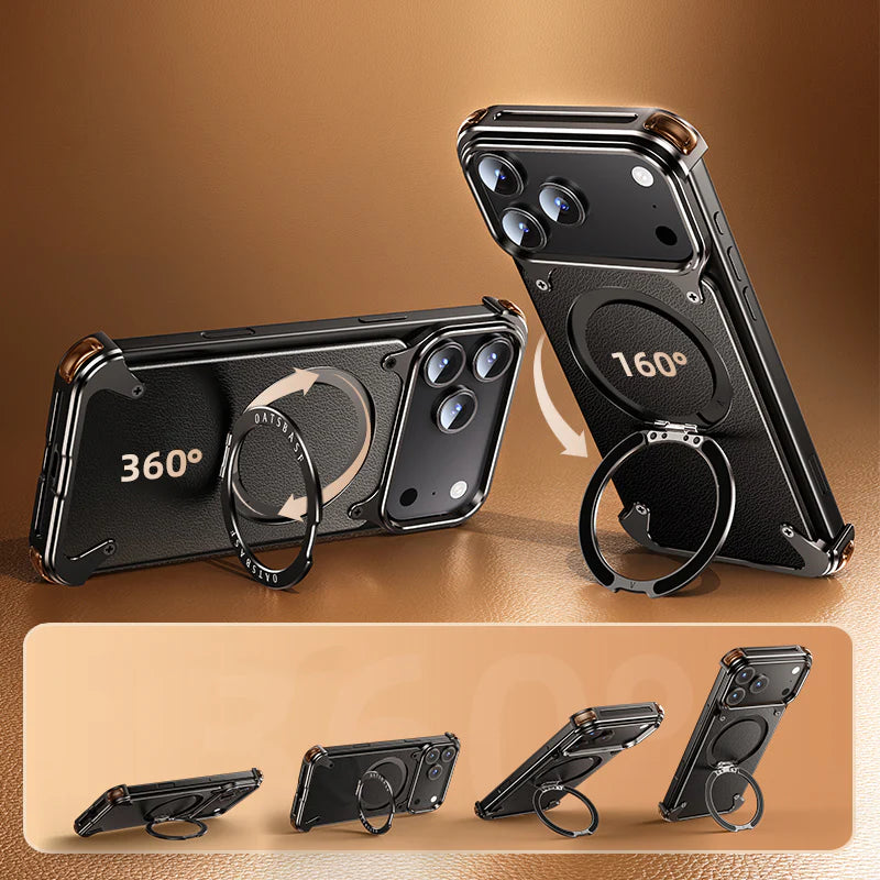 Luxury iPhone Frameless Armored Case with Leather Texture And Kickstand