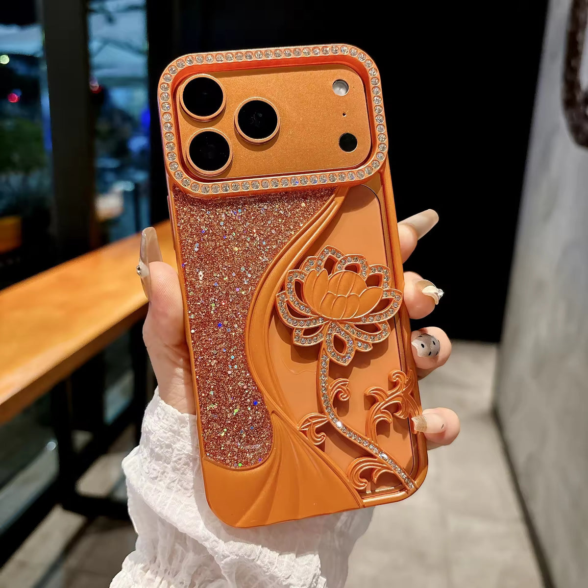Floral Glitter Phone Case with Rhinestone for iPhone