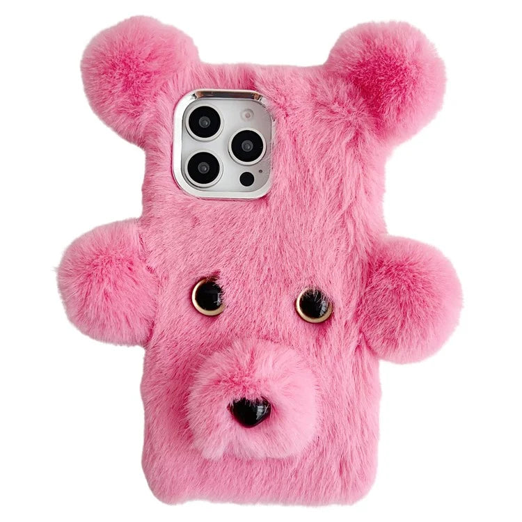 Bear Faux Fur Fluffy Inner TPU Phone Cover For iPhone