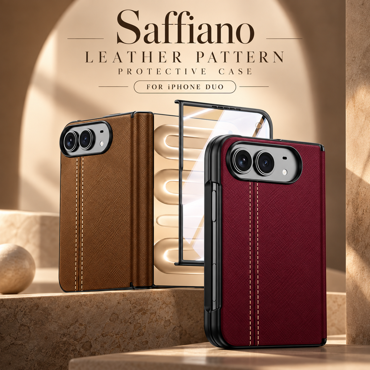 Saffiano Leather Pattern Flip Phone Case For iPhone Duo