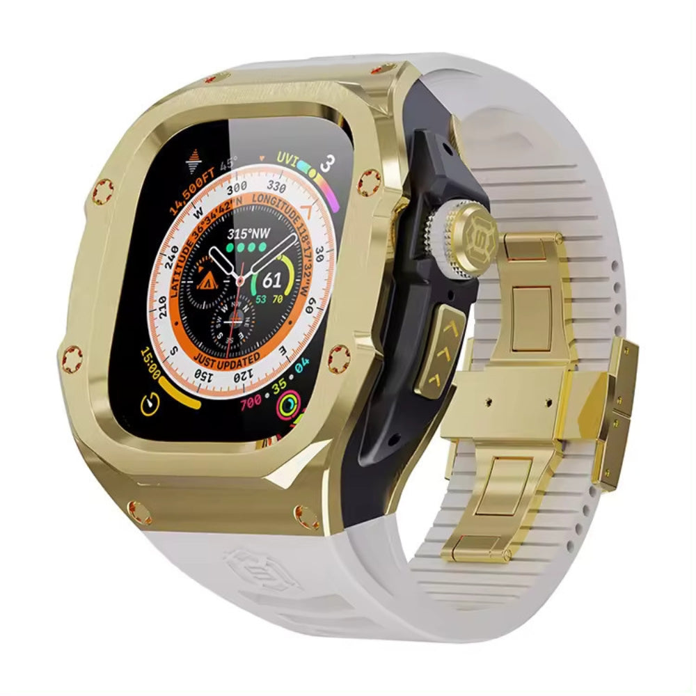 Luxury Armor Stainless Steel Apple Watch Case For iWatch Ultra 49mm (Steel+Golden+White)