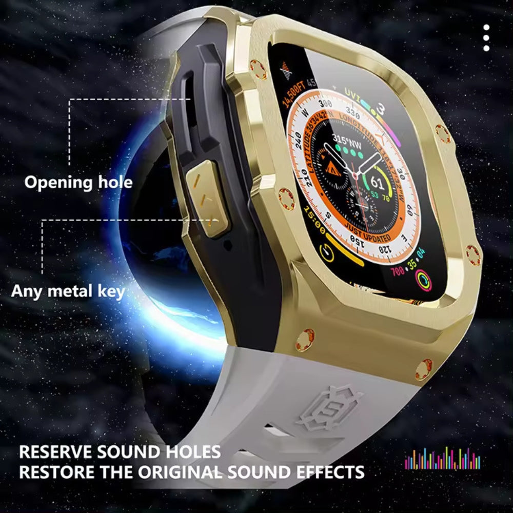Luxury Armor Stainless Steel Apple Watch Case For iWatch Ultra 49mm (Steel+Golden+White)