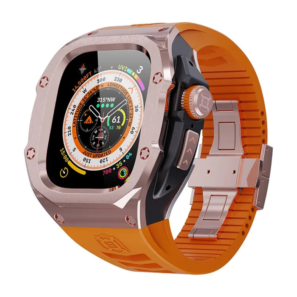Luxury Armor Stainless Steel Apple Watch Case For iWatch Ultra 49mm (Rose Gold+Orange)