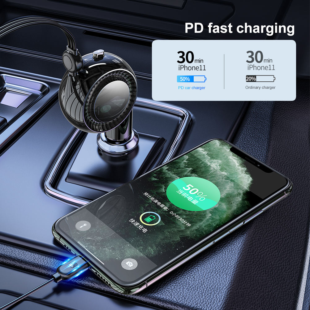 5V 3A 1M PD Fast Charing Port Car Chargers 3 in 1 Retractable Cable