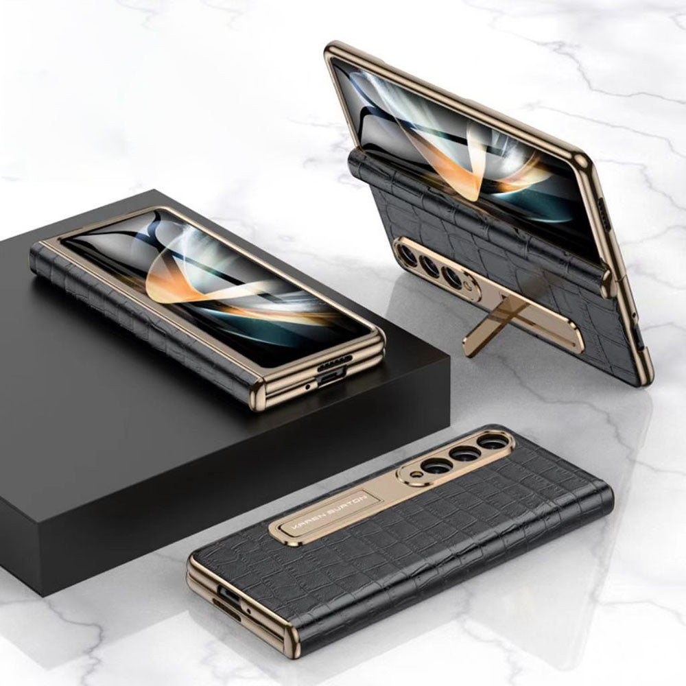 BlackLeather GoldBorder Case For Samsung Fold