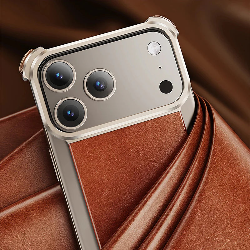 Leather Back Frameless Metal Case For iPhone