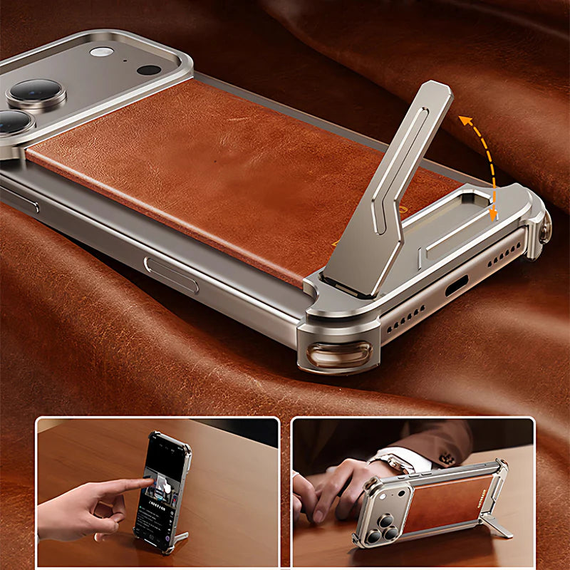 Leather Back Frameless Metal Case For iPhone