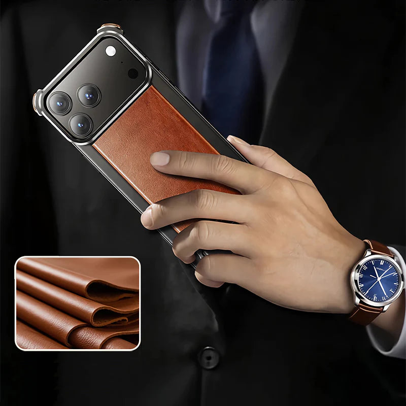 Leather Back Frameless Metal Case For iPhone