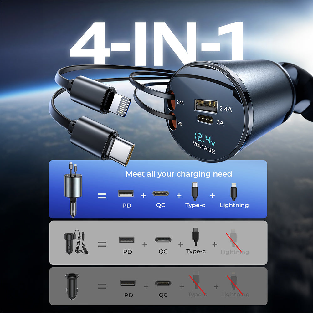 4 in 1 Retractable USB C Fast Car Phone Charger