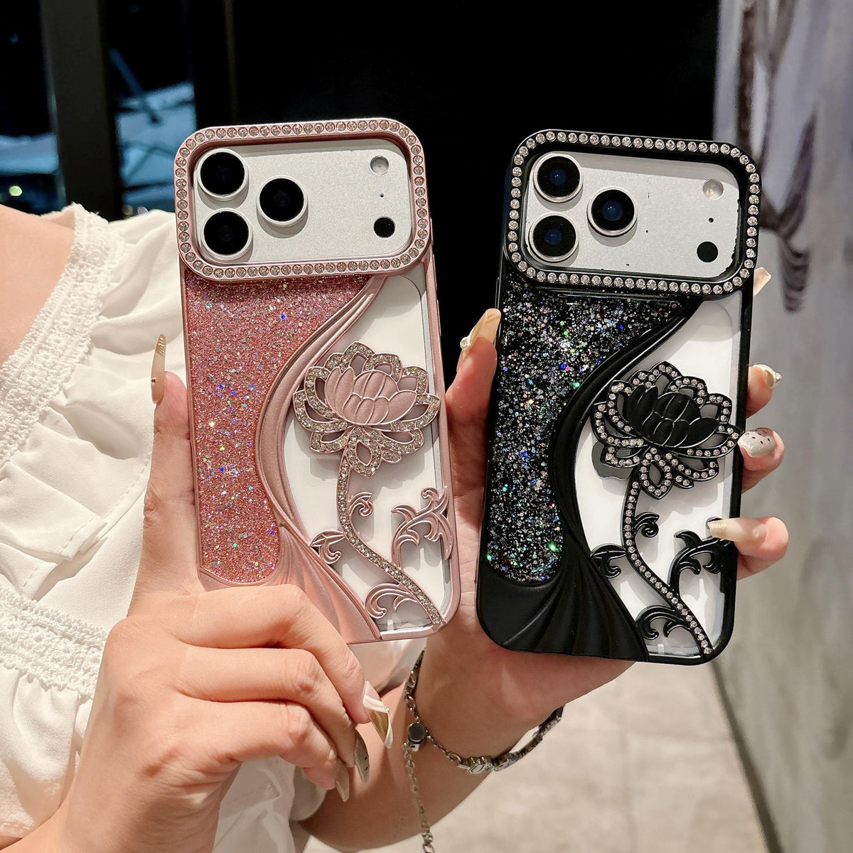 Floral Glitter Phone Case with Rhinestone for iPhone