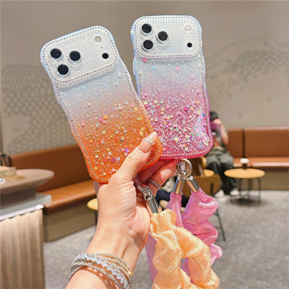 Rhinestone Gradient Case with Mesh Wrist Strap for iPhone