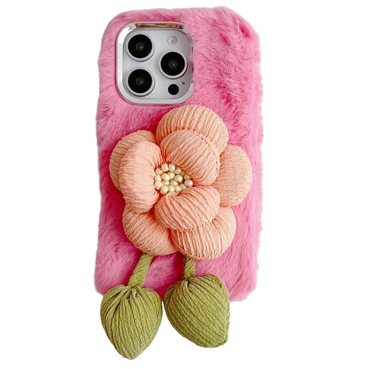 3D Flower Decor Fluffy TPU Back Cover For iPhone