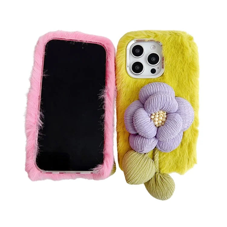 3D Flower Decor Fluffy TPU Back Cover For iPhone