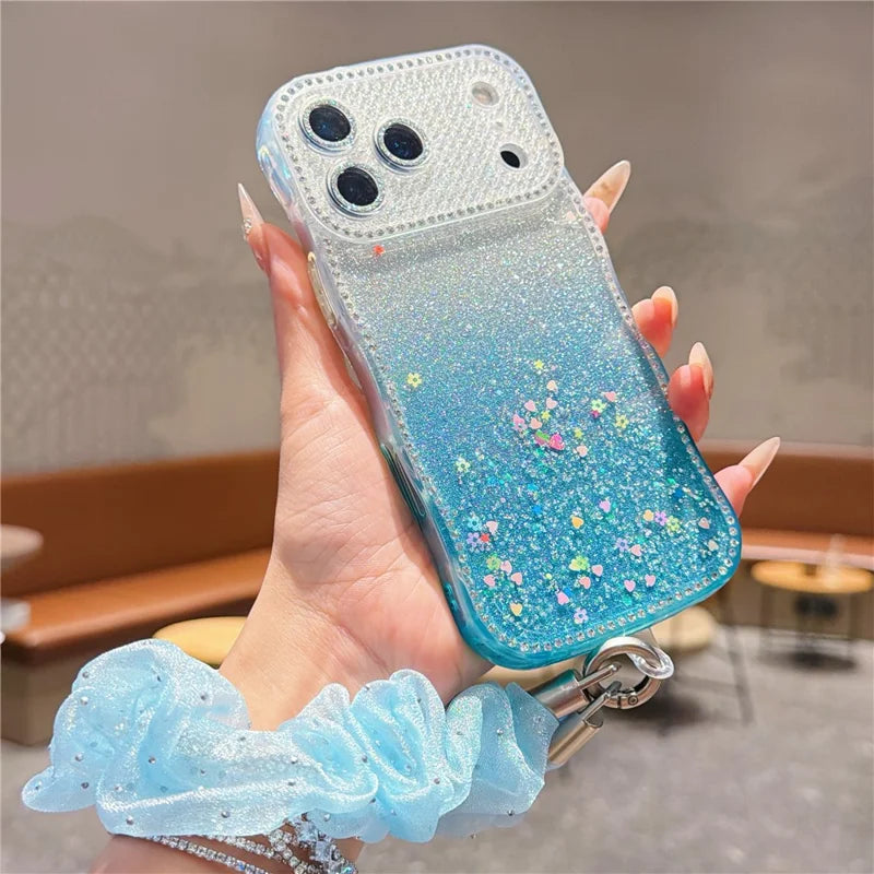 Rhinestone Gradient Case with Mesh Wrist Strap for iPhone