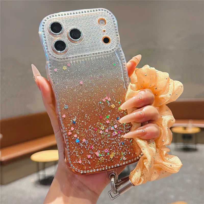 Rhinestone Gradient Case with Mesh Wrist Strap for iPhone