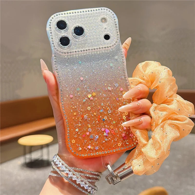 Rhinestone Gradient Case with Mesh Wrist Strap for iPhone